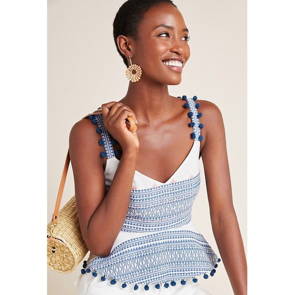 Anthropologie White Top with Blue Embroidered Trim and Pom-Poms